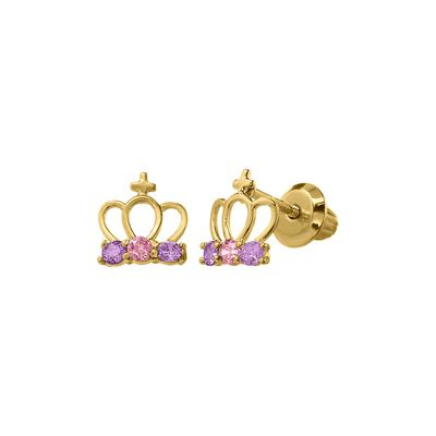 Children's Princess Tiara Earrings with Pink & Purple Cubic Zirconia in 14K Yellow Gold
