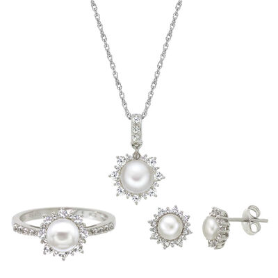 Freshwater Pearl & Lab Created White Sapphire Pendant, Earrings & Ring Boxed Set in Sterling Silver